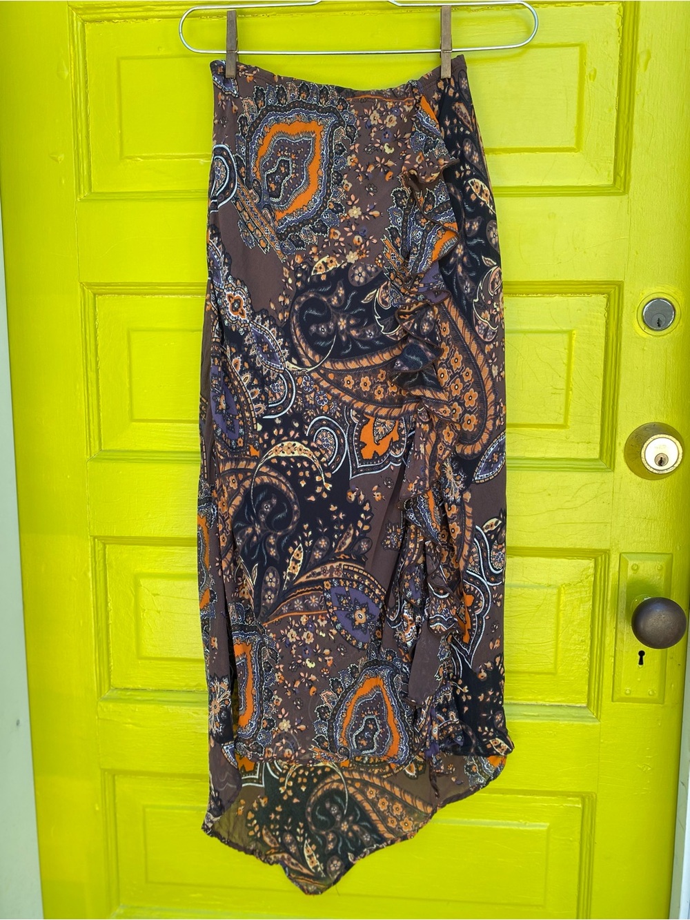 Boho Paisley Midi Skirt with Ruffle Accent